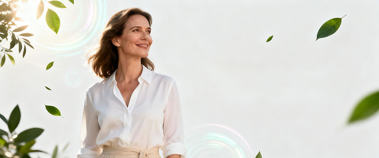 Embracing life with confidence and joy Happy woman smiling confidently, representing wellness and empowerment